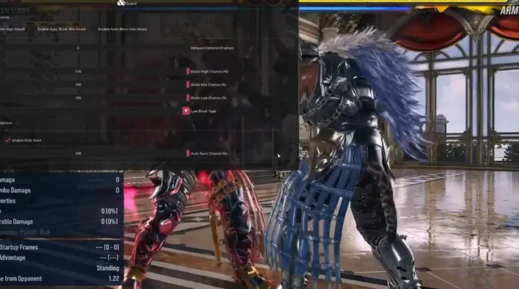 Tekken 8 auto block guard menu — high, mid, and low defense toggles and duck options