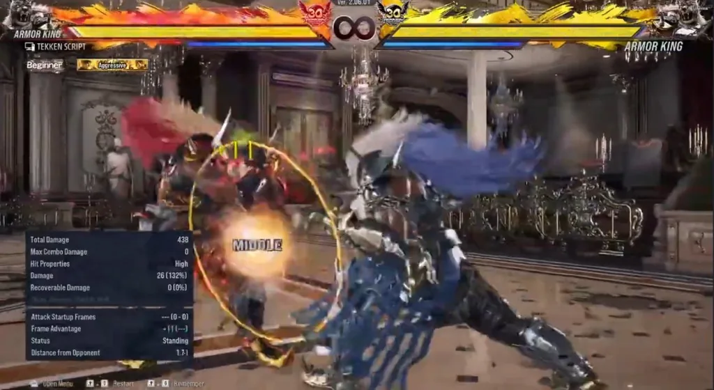 Tekken 8 combo damage overlay with plus frame advantage during Armor King exchange