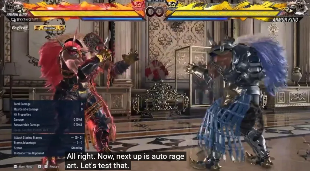 Tekken 8 practice mode testing auto rage art with Tekken Script data panel